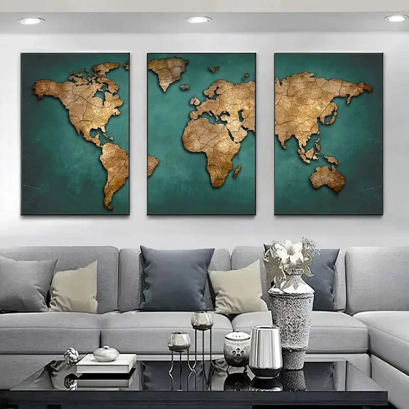 3PCS Retro World Map Art